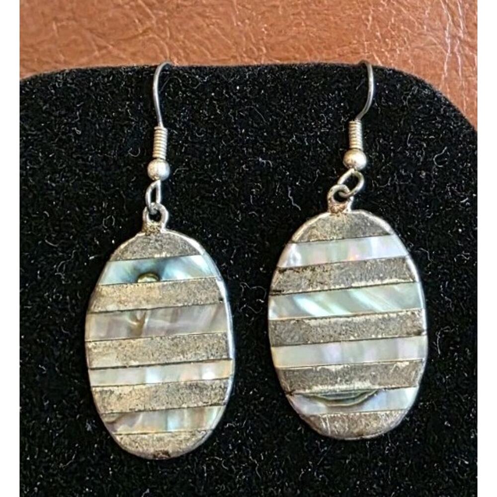 1.25 Inch Silver Tone Faux Abalone Oval Dangle Pierced Earrings Alpaca Mexico
